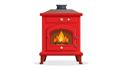 Red wood-burning stove with flames