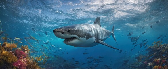 The great white shark gliding through clear blue waters above a colorful coral reef