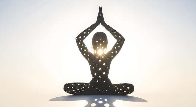 Braided grass patterns shadow silhouette forming yoga pose shape with sunrise glow, minimalist, ultra-detailed, crisp edges, noise-free, natural lighting