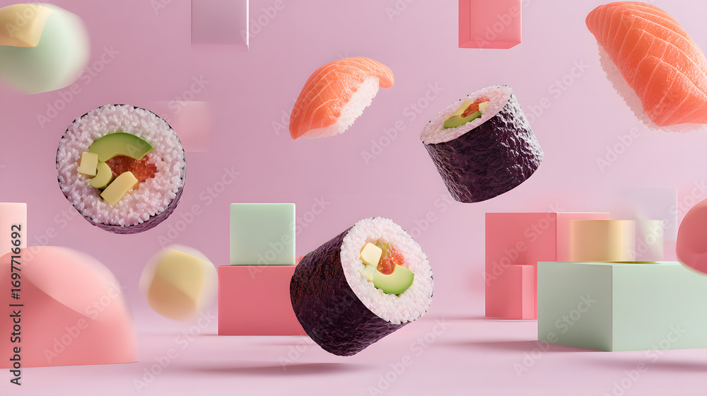 Poster abstract pastel background with sushi roll elements arranged in soft floating compositions like mode