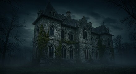 "A photo of an old gothic castle with a haunted atmosphere under a cloudy sky. Suitable for horror themes, Halloween, fantasy stories, movie settings, and even spooky illustration designs."