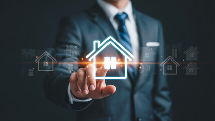 Real estate agent touching house icon, digital property investment, home buying and selling concept
