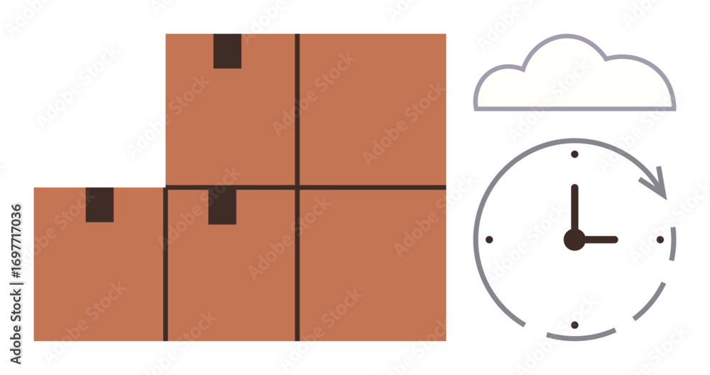 Poster brown boxes stacked together beside a clock with clockwise arrow and a cloud. ideal for delivery, lo