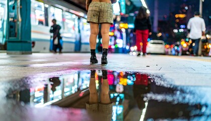 A Reflection in the Puddle. An artistic, ultra-realistic photograph focusing on a puddle on a metro platform.
