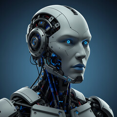 Fototapeta premium Sleek humanoid robot with glowing blue eyes and intricate mechanical details, representing future technology