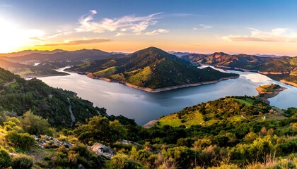 Panoramic sunset view over a reservoir nestled in mountainous terrain