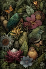 Dense foliage image showcases various birds, butterflies, and flowers nestled among lush green leaves, creating a vibrant, natural tableau