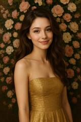 Golden Gown Radiance: A beautiful woman radiates elegance in a golden gown, set against a backdrop of delicate floral blooms, creating a timeless portrait of grace and poise.