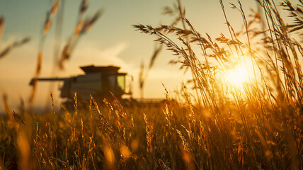 A combine harvester collects ripe crop against warm setting sun; agricultural scene during golden hour with dust and harvest.