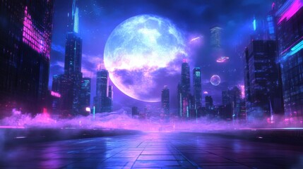 Futuristic cityscape with large moon and flying objects at night