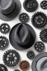 Artistic overhead shot of gray fedora hats interspersed with various black gear mechanisms against a clean white backdrop