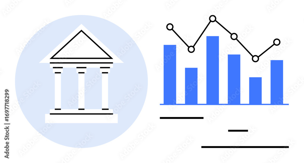 Poster pillar building representing a bank and blue bar graph with line chart for statistics, finance, econ