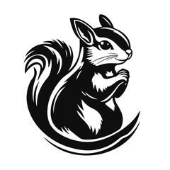 Cute squirrel illustration, black and white animal logo, woodland creature design, cartoon forest character, wildlife vector art