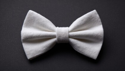 A textured, white bow tie sits centered on a plain, dark gray background, creating a minimalist, elegant still-life with clear focus