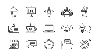 Collection of business and office icons in a sketchy silhouette style