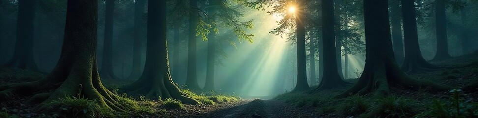 Deep shadows shroud ancient trees in a mysterious, dark forest Sunlight barely penetrates the dense canopy, creating an eerie, yet beautiful, atmosphere Explore the unknown , twilight, ancient