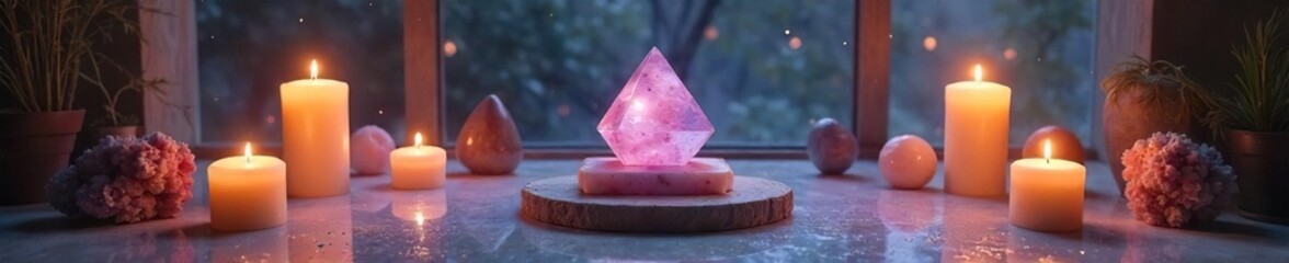 Serene minimalist altar with crystals, candles, and sacred geometry patterns evokes a sense of calm and spiritual reflection Ideal for meditation, yoga, and wellness themes , ritual, candles