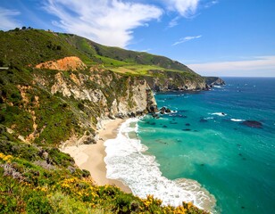 Scenic coastal landscape with rugged cliffs, beach, and turquoise water