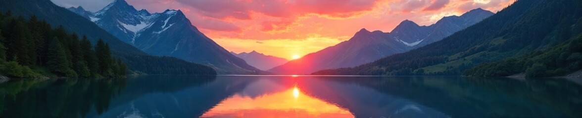 Serene mountain lake reflecting a vibrant sunset, surrounded by lush green forests and towering peaks A tranquil scene of untouched natural beauty , peaceful, oxygen