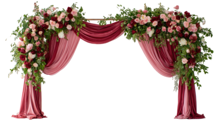 Elegant floral wedding arch decorated with roses greenery and blossoms symbolizing romance ceremony celebration and love isolated on white background