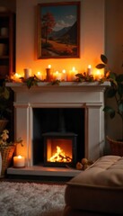 Cozy living room interior with burning candles on a mantelpiece, creating a warm and inviting ambiance Perfect for home decor, relaxation, and autumn themes , winter, shadows
