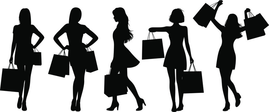 Black silhouettes of women shopping, carrying bags, happy shoppers, fashion lifestyle, retail therapy, consumer behavior, shopping spree, vector isolated