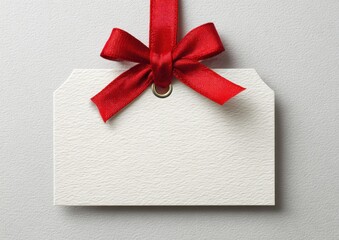 Empty textured tag, hung by a bright red ribbon with a bow, against a neutral textured background