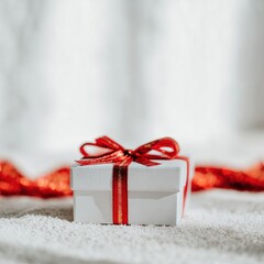 A white gift box adorned with a red ribbon sits on soft white fluffy material with a glimmering red ribbon flowing in the background