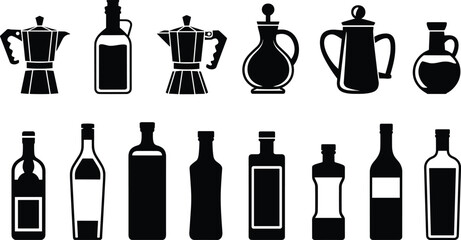 Fototapeta premium Coffee pots, glass bottles, container silhouettes, kitchenware icons, black vintage jars, coffee maker vector, bottle shapes, isolated white background