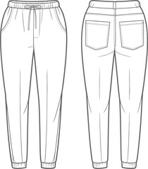 Front and Back Fashion Flat Sketch of Casual Drawstring Pants Keywords: casual pants, trousers, pants, apparel, clothing, fashion