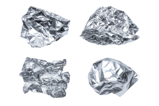 Four crumpled pieces of aluminum foil, isolated against black