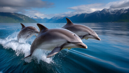Fototapeta premium Playful dolphin travel rebound across blue ocean near mountain coast joyous marine mammals riding waves