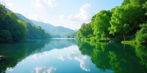 Serene lakeside view with tranquil water reflecting lush greenery, perfect for relaxation and escape Ideal for promoting wellness, travel, or peaceful living , unwind, stillness