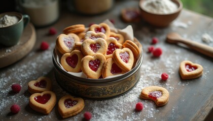 Heart-shaped cookies with raspberry jam on kitchen counter
