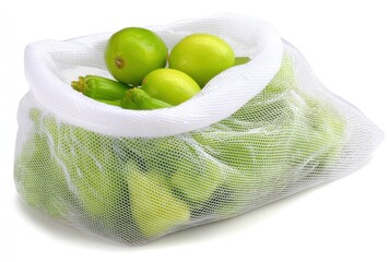 Green fruits and vegetables in a white mesh bag, isolated on white background, showcasing a zero waste lifestyle