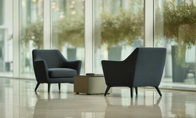 Stylish charcoal grey armchairs and table in a bright, modern corporate lobby interior
