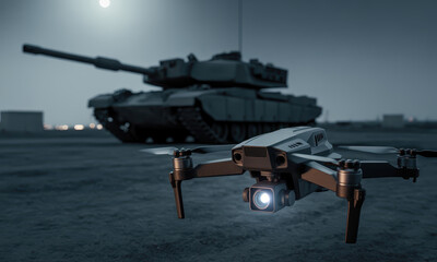 Advanced military drone with bright camera light hovering near a battle tank at night