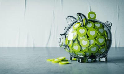 Clear glass piggy bank overflowing with green social media like heart icons