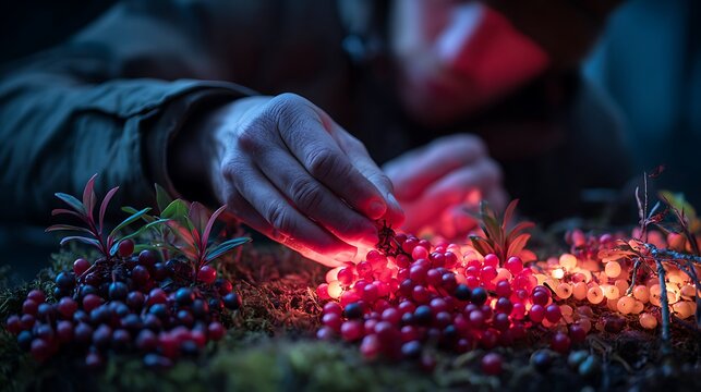 Close up of hands picking red berries from a mossy patch under dramatic lighting conditions outdoors - Powered by Adobe