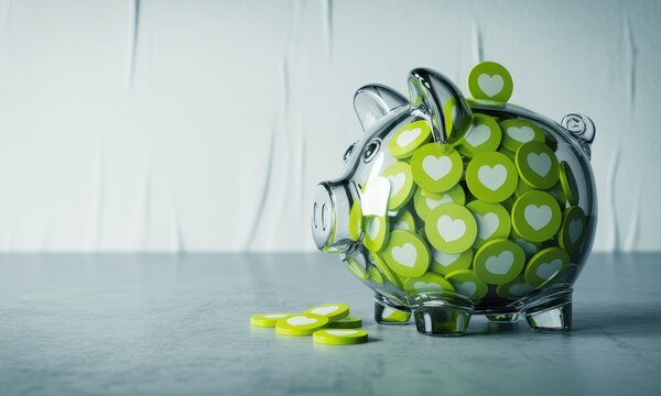 Clear glass piggy bank overflowing with green social media like heart icons - Powered by Adobe