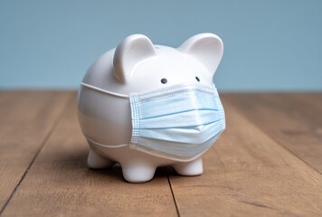 A white piggy bank wears a blue surgical mask on a wood surface. Soft blue background. The scene suggests saving cautiously amidst health concerns