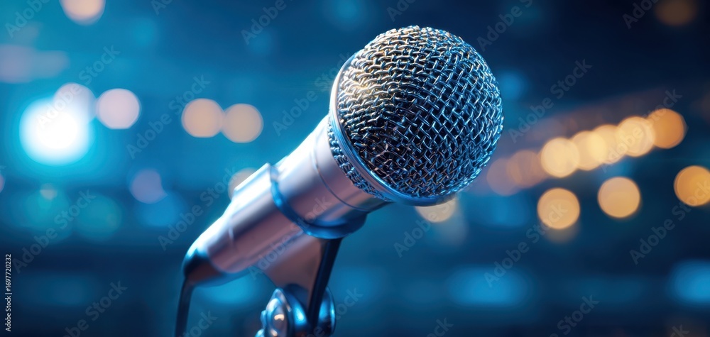 Poster the microphone centered on stage with bokeh lights and dramatic spotlighting