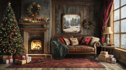 Cozy living room with Christmas tree and fireplace decorations