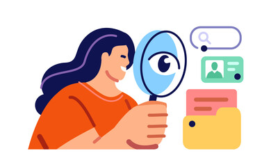 File search, inspection of archives. Woman holding magnifying glass to find files, looking and analyzes documents