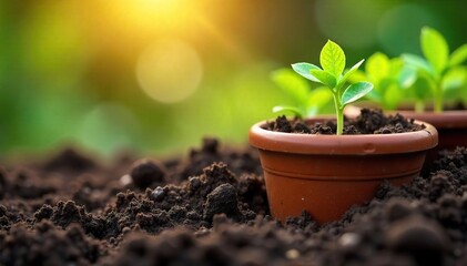 Vibrant Green Seedlings Emerging from Terracotta Pots in Rich Soil, bathed in Sunlight ? A Symbol of New Life and Spring Gardening Beginnings