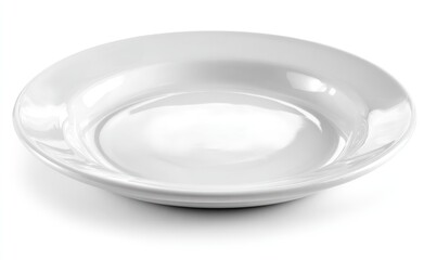 Glossy, white ceramic dish with a slight depression in the center, casting a soft shadow on a plain surface