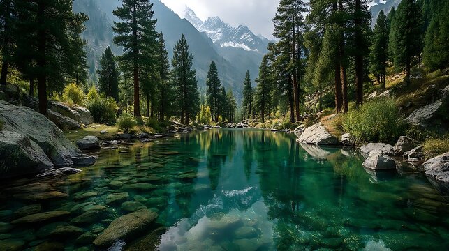  Naltar Valley Showing A Glassy Turquoise Alpine Lake Reflecting Surrounding Pine Trees And Snow Peaks. The Water Is So Clear That Rocks At The Bottom Are Visible. Sunlight Filt