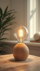 Lit lamp on wooden base with plant, indoors during daytime