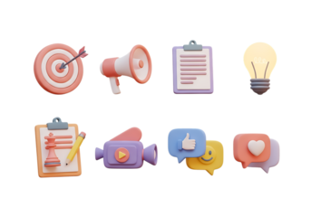 3d icon of collection of 3d icons representing business strategy, marketing, and communication, isolated on transparent background