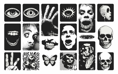 Black and White Horror Collection: Eye, Hand, Face, and Skull Vector Illustration Art for Graphic Design and Spooky Theme Projects